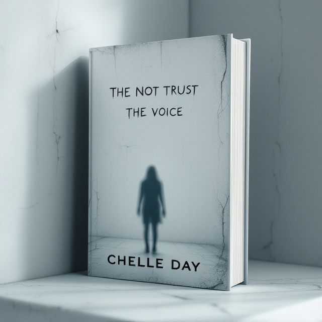 The cover features a stark, minimalistic design. A white, windowless room is depicted with slightly blurred and uneven walls, suggesting disorientation. The phrase "Do Not Trust the Voice" is scratched into the wall in jagged, uneven script, as if written in haste or desperation. Shadows and faint cracks are subtly layered to add depth, while a dim, cold light radiates from an unseen source, heightening tension. A faint silhouette of a blurred figure stands in the background, adding mystery. The overall design is eerily clean but carries an unsettling undertone.