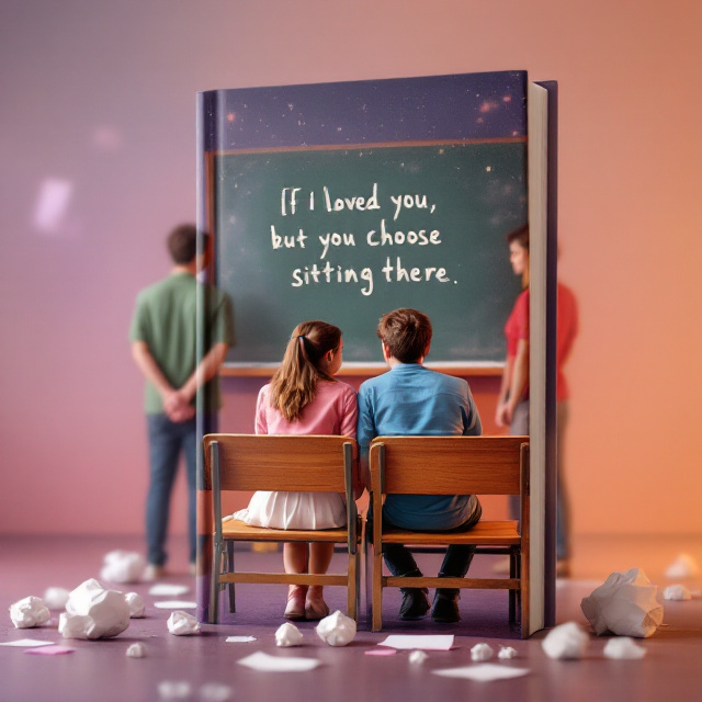 The book cover features a dreamy purplish-orangish gradient background, blending softly to create a mystical ambiance. At the center of the cover, aligned slightly toward the lower third, are two wooden benches placed side by side in a classroom setting. A girl in a pink shirt and white skirt is sitting on one bench, gently tilting her head toward the boy on the same bench, who is wearing a blue shirt. Both of them have their heads on the bench facing toward each other, suggesting a moment of quiet connection. Behind them, a chalkboard is visible with handwritten chalk text that reads, "I loved you, but you chose sitting there." Scattered fallen papers and crumpled paper balls are placed around the floor near the benches. In the background, the girl’s ex (wearing a green shirt) and the boy’s ex (wearing a red shirt) are standing, slightly blurred to suggest emotional distance but still recognizable. They are holding hands behind their backs while gazing longingly and jealously at the two sitting on the bench. The visual style is artistic and slightly textured, leaning toward semi-realistic illustrations with vibrant color highlights that exude emotion and depth.