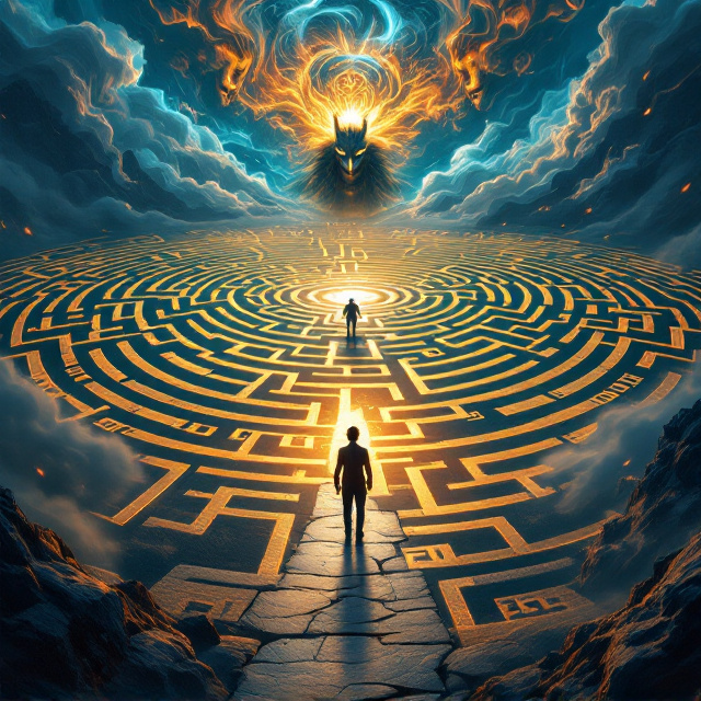 A dynamic scene where the protagonist stands at the maze's entrance, glowing artifact map in hand. The maze is massive and intricate, designed with Greek key patterns, extending deep into the background. Mythological scenes—Mount Olympus, the Minotaur’s lair, and the River Styx—are subtly embedded into the maze’s twists and turns. Above, faint, godlike faces of Zeus, Athena, and Hades emerge from swirling blue and golden clouds. The Minotaur's silhouette looms ominously near the maze’s center, a shadow stretching toward the protagonist.