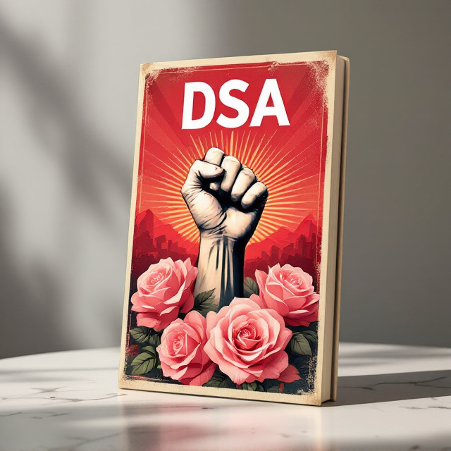 Create a realistic 3D mockup of a standing book titled "DSA". The book is depicted as standing upright on a minimalist tabletop with soft, diffused lighting casting subtle shadows around it. A bold, vintage propaganda-style composition dominates the book cover, featuring a central, raised fist surrounded by blooming roses, radiating strength and inspiration. The background showcases gradient hues of red (#EC1F27 transitioning to #FBD2D4) with a subtle sunburst pattern emanating from the fist. The roses are clustered in varied tones of pink (#F04C53 to #F7A5A9), adding depth and vibrancy. The entire scene is framed with a weathered texture in greyscale tones (#C1C0BF and #3B3838), providing an aged and vintage aesthetic. The title "DSA" is prominently placed at the top of the composition, styled in bold, uppercase sans-serif font, rendered in #FFFFFF with a subtle bevel effect, following the curvature of the sunburst background. Secondary text, if present, is styled in a serif font, compact and capitalized, placed towards the bottom or integrated within banners woven around the roses, with darker hues like #231F20 or #605C5C for contrast. The raised fist and roses dominate the central field of the cover. The author’s name area is deliberately left blank with no placeholder text. The mockup emphasizes the book standing against a clean, soft-colored background, ensuring the design elements of the cover take center stage and draw the viewer's attention to its striking details.