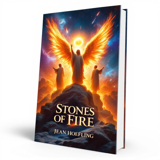 A powerful and dynamic illustration with the central focal point being the Old Testament prophet standing on a rocky, celestial platform that seems to dissolve seamlessly into space. His robes billow dramatically in the cosmic winds, his arms lifted in awe and reverence. Surrounding him are three towering, male angels composed entirely of fire, their fiery wings ablaze and their forms radiating golden and red embers. The background features a vividly surreal cosmos with glowing stars, swirling nebulae in shades of blue and violet, a blazing sun, and a mysterious moon. Comets streak toward the horizon, enhancing the sense of action and divine tension.