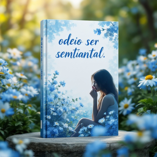 A serene garden filled with blooming blue and white flowers stretches across the background, predominant in calming shades of blue. In the foreground, a young woman is sitting on a stone bench surrounded by flowers, her face obscured by her hand as if she's deep in thought or confusion. Her silhouette exudes mixed emotions, with body language hinting at vulnerability but also strength. Sunlight filters through the bushes, casting a soft golden glow.