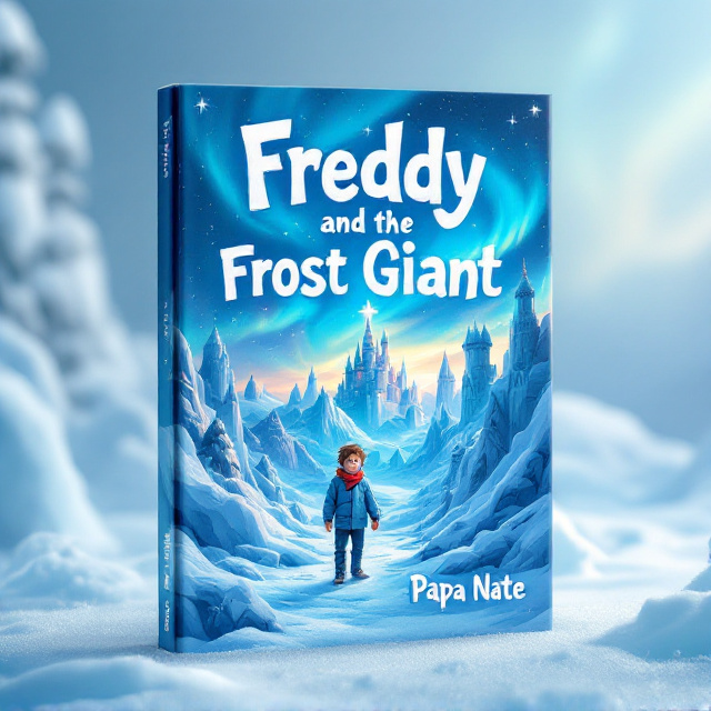 A vibrant, icy-blue landscape featuring a whimsical fantasy kingdom made out of frosted towers and shimmering glaciers. At the center, a cheerful 9-year-old boy with tousled hair wearing a red scarf stands arm-in-arm with his towering Frost Giant friend, who looks youthful and friendly, with a gentle smile and frosted skin. In the background, snowflakes sparkle magically as the aurora borealis swirls across the night sky. The castle towers glimmer with icy highlights, creating a magical and inviting mood.