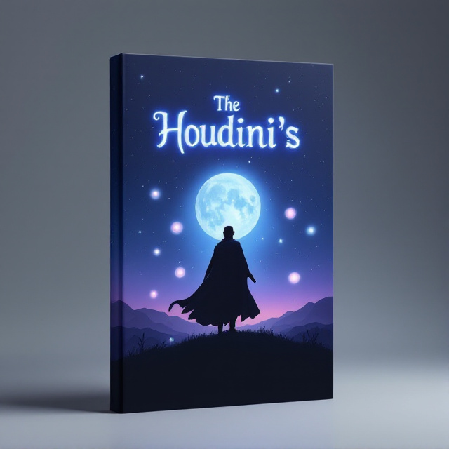 A silhouette of a mysterious magician figure adorned with a flowing cape stands on a moonlit hilltop. Behind the figure, an array of glowing orbs float, representing magical energies. In the background, a twilight sky transitions from deep indigo to violet, studded with shimmering stars. The overall design is minimalistic, while focusing on a magical, otherworldly atmosphere.