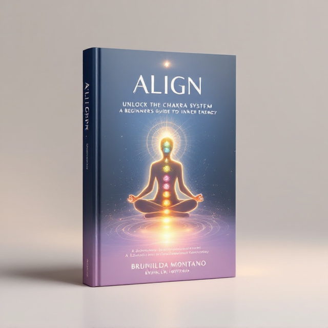 A serene gradient transitioning from deep indigo at the top to lavender at the bottom. At the center of the cover, a glowing human figure in a meditative pose is depicted, radiating a soft golden aura. Along its spine, seven luminous orbs are aligned, each glowing in distinct colors corresponding to the chakras red, orange, yellow, green, blue, indigo, and violet. Gentle radiating light lines emphasize the idea of energy flow and harmony.