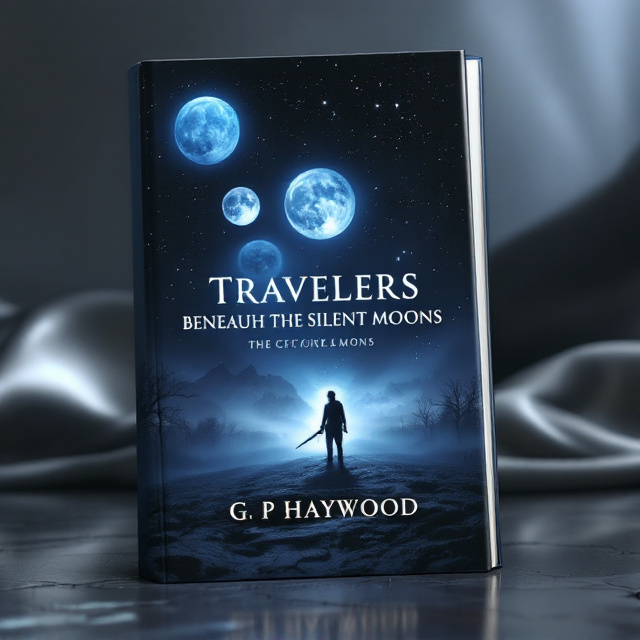 A dark, ethereal night sky stretches across the cover in shades of deep indigo, black, and hints of silver. Three colossal moons are positioned above, each differently illuminated—one glowing ice-blue, another dimmed and partially eclipsed, and the final surrounded by a faint crimson haze. The moons cast an eerie silvery light on the ground below. Below them stands the shadowed figure of a solitary man—his face obscured but with the gleam of a drawn sword catching the moonlight. The ground is barren with faint mist curling around his feet, adding an atmospheric and mysterious effect.
