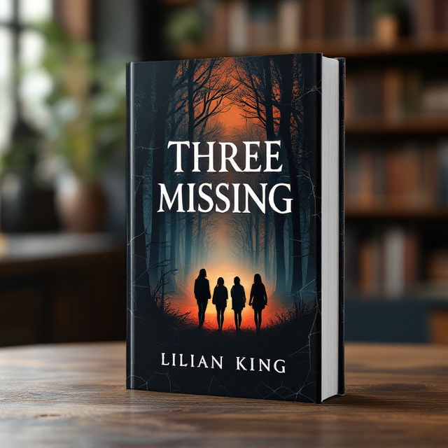 The cover features a dark, ominous forest with tall looming trees forming shadowy shapes that blend into the black background. A vivid sunset of deep orange and crimson hues casts an eerie glow, subtly illuminating the edges of the forest. In the foreground, a small patch of dying grass stands stark against the darkened earth, emphasizing the desolate emotion. Three teenage girls stand in silhouette, their forms indistinct and anonymous, adding to the mystery and suspense. The girls have a haunting, unknowable presence, surrounded by soft mist that diffuses the light.