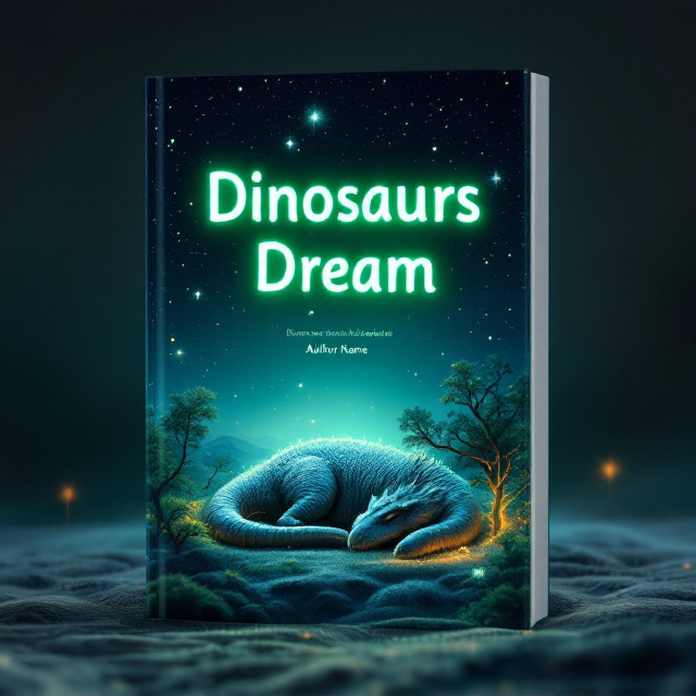 A serene scene featuring a sleeping dinosaur curled under a canopy of glowing bioluminescent trees. The background gradually transitions from a deep blue night sky filled with stars to the soft green hues of an illuminated scientific landscape. A hint of futuristic technology appears with small holographic screens subtly embedded into the trees, symbolizing science and innovation. The emotion of kindness is evoked by soft, rounded shapes and warm, glowing edges.