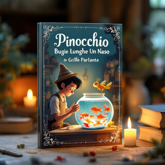 A soft, dreamlike illustration dominates the cover, showing Geppetto sitting at a workbench, lovingly crafting Pinocchio. In the foreground, the "Grillo Parlante" (Talking Cricket) perches on the edge of an ampolla (a round glass fishbowl) with several colorful, shimmering fish inside. The setting is cozy, illuminated by warm, glowing candlelight, creating an atmosphere of nostalgia and tenderness. The image is framed by subtle wood textures resembling pinewood (a nod to Pinocchio's origin) and soft gradients that blend into the background.