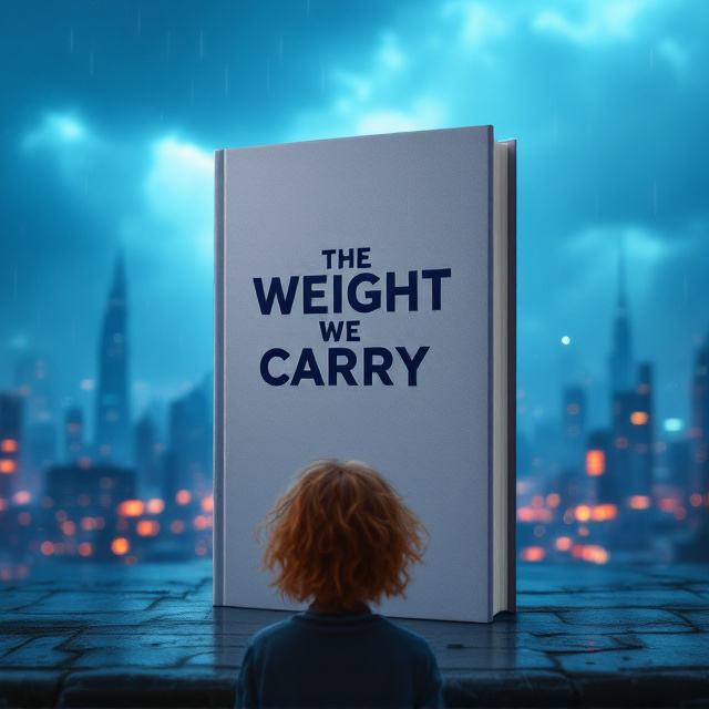 A futuristic cityscape in the background shines faintly under a heavily clouded, ominous blue-tinted sky. The city's sharp structures are distant, almost ethereal, yet cold and sterile. In the foreground, positioned slightly off-center, is a fourteen-year-old girl with frizzy, red hair. Her back faces the viewer as she looks out toward the overwhelming expanse of the city. Her small, fragile figure contrasts with the enormity of the towering cityscape before her. The overall tone is somber, with faint, streaking rain falling from the sky, adding depth and amplifying the emotional sadness, loneliness, and fear.