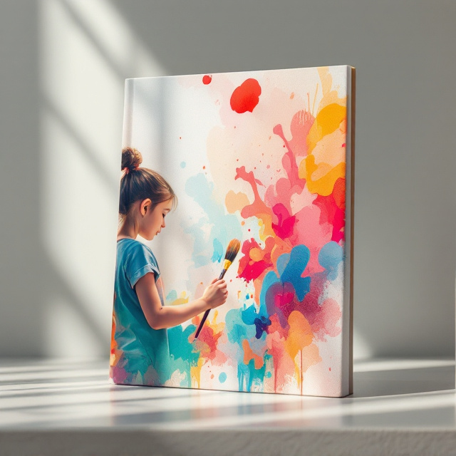 A close-up image of a young girl painting on a large canvas dominates the center of the cover, with her hand in motion as vivid, abstract shapes of paint emerge from her brush. The background consists of a textured, blurred blend of soft pastel tones to gently contrast the bold, lively colors of the painting. The edges have a subtle spray paint or watercolor effect to enhance the artistic feel.