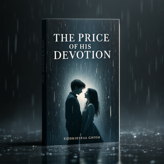 A somber, dark background predominantly in shades of black and deep gray, with streaks of rain pouring down. The central focus is on a boy and a girl standing in the rain. The girl is crying, her tears blending with the rain, while the boy gazes at her with an expression of profound love and devotion. Soft, diffused light breaks through the rain behind them, symbolizing faint hope amid sadness and longing. The rain droplets seem almost tangible, giving a cinematic, emotional depth. The characters are positioned slightly off-center to create visual intrigue, with raindrops shimmering around them.