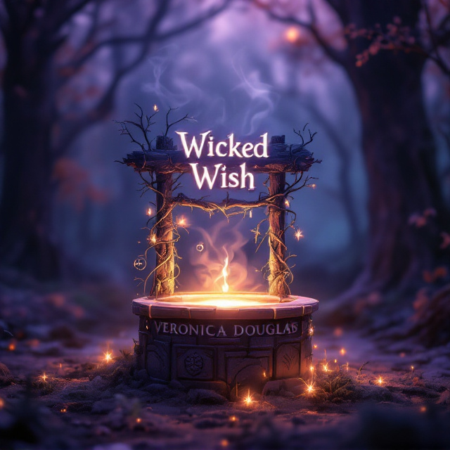 An ethereal, dark-toned forest scene drenched in twilight hues of deep purple, midnight blue, and soft, glowing white. At the center of the cover, a shimmering, translucent wishing well appears to emit a faint, gold magical glow that softly illuminates the surrounding area. Subtle vines entwine the edges of the well, intertwining with faint, glowing runes and symbols. The title floats above the well and is surrounded by soft, mysterious wisps of smoke curling upward.