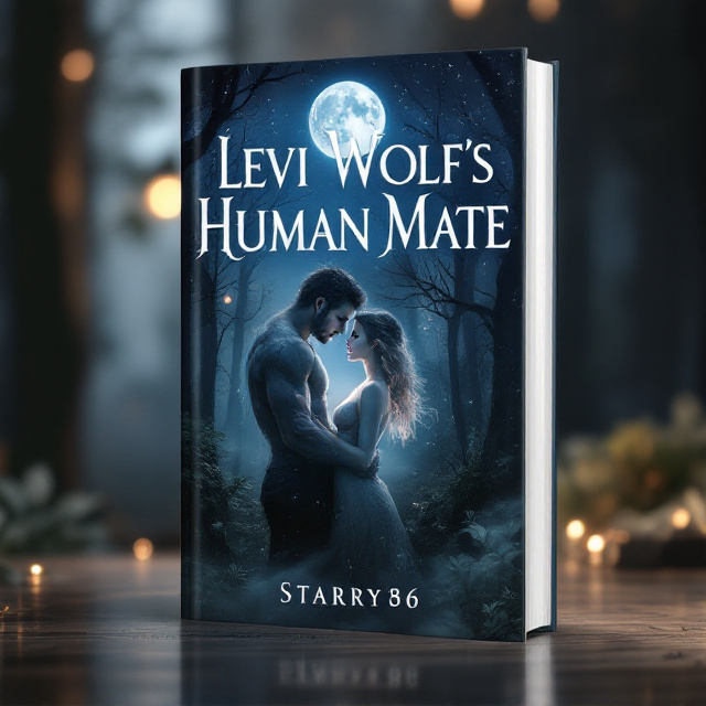 The cover features a mysterious forest at twilight in the background, partially illuminated by a soft, ethereal glow. A rugged yet handsome male figure with piercing eyes and wolf-like features embraces an elegant, delicate female figure with a subtle aura, suggesting their mystical connection. Both characters are partially backlit, creating an intimate silhouette effect. The moon hangs low and full in the sky, adding fantasy depth. A faint mist surrounds their feet, embodying mystery and allure.