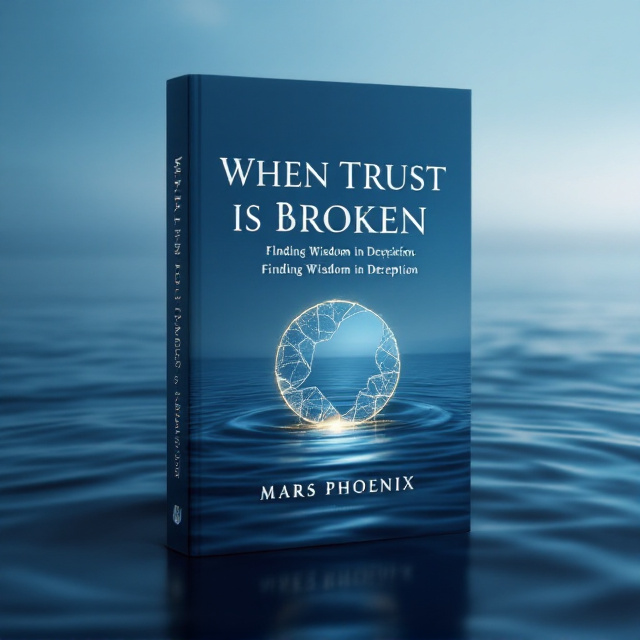 A serene yet striking background of a calm blue ocean with faint ripples symbolizing both the turbulence and the journey to healing. In the center, a subtle silhouette of a fractured glass circle mending itself, glowing faintly in soft golden hues. The fractured design represents broken trust, while its healing glow signifies self-discovery, wisdom, and relief. The sky above the ocean gradually transitions to a soft gradient from dark blue to light, symbolizing hope and a new beginning.