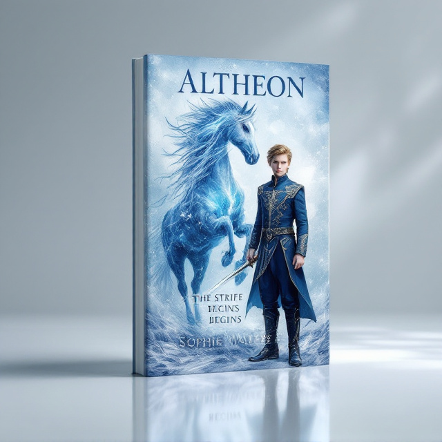 A majestic, ethereal horse made entirely of water stands prominently in the center of the scene, flowing mane and tail blending with the watery background in delicate watercolor strokes. Beside the horse, a 15-year-old boy with dark blonde hair and striking blue eyes stands confidently. He wears a dark blue elven suit with intricate embroidery, with a gleaming sword unsheathed in his hand. The background fades into a dreamy mist with hints of blue, silver, and lavender hues, invoking a mystical realm.