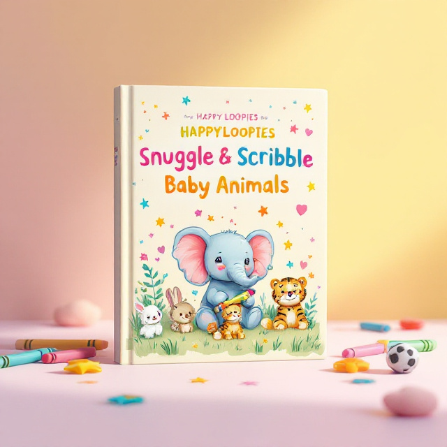 A soft, pastel-colored cover featuring an illustrated group of adorable baby animals such as a lamb, bunny, tiger cub, and puppy sitting in a meadow surrounded by playful doodles like crayons, stars, and hearts. The background transitions from light yellow to soft pink, exuding warmth and joy. The main artwork showcases a central, hand-drawn baby elephant holding a crayon in its trunk, with vibrant scribbles representing a childlike touch.