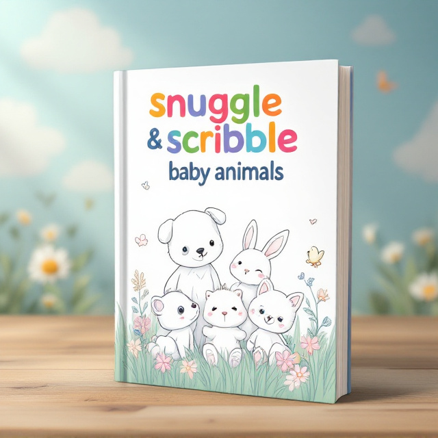 A group of adorable baby animals (puppy, kitten, chick, bunny, and fox cub), illustrated in soft, playful pastel colors and outlined like coloring page patterns. These animals are set in a whimsical, grassy meadow scene with subtle flowers and butterflies scattered around. The background fades gently into a sky-blue gradient with fluffy clouds. The title takes the top center of the cover with the author's name placed in smaller font at the bottom center.