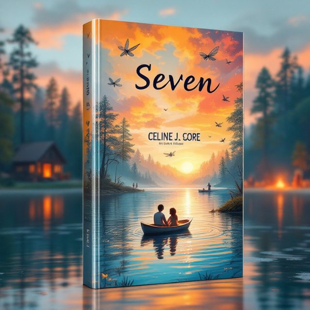 A zoomed-in detailed illustration of a dragonfly hovering above the shimmering surface of a tranquil lake. In the mid-background, a small boat is visible with a boy and a girl sitting close, silhouettes softly illuminated by the warm tones of the sunset sky. To the left in the distant background, a cozy, rustic cabin is nestled among trees. On the right, a celebratory gathering is depicted with faint figures of people partying around a glowing bonfire, the sparks blending into the pink-orange hues of the sunset. The overall scenery is bathed in a dreamy yellow, blue, and pink gradient, with ripples on the water reflecting these vibrant colors.