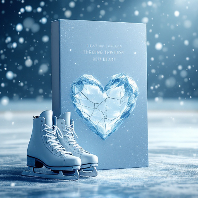 A sweeping ice hockey rink serves as the backdrop, with soft snowfall captured in motion. The fractured ice, forming an elegant heart at the center of the rink, exudes vulnerability and strength. A hockey stick leans against a pair of well-worn ice skates in the foreground, their shadows blending smoothly into the muted glow of the ice. Light blue hues dominate, accented with tones of white and gray that mimic the chilly atmosphere. Softly glimmering snowflakes are scattered around, adding a romantic and ethereal feel.