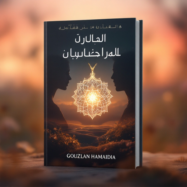 A serene natural background featuring a sunset in soft hues of orange and pink. Silhouetted images of a woman and a man in a dream-like overlay softly blended into the backdrop. A delicate, glowing pendant in the shape of an intricate necklace is prominently placed at the center, symbolizing the heroine's secret world. The entire cover radiates an aura of calmness and nostalgia.