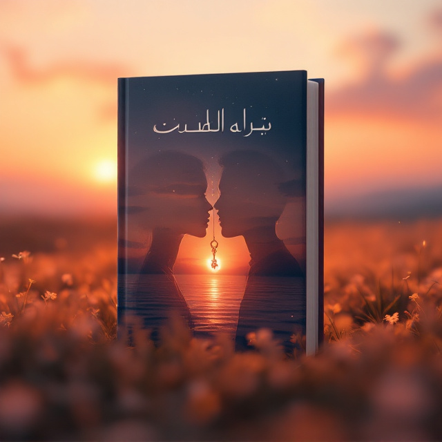 The background showcases a serene natural landscape with a vibrant sunset blending shades of orange and pink, symbolizing tranquility and hope. The silhouette of a woman with soft, diffused shading takes the foreground, her delicate features turned toward the horizon. To her side, in similar shading, appears the silhouette of a man, both figures facing slightly away from each other as if lost in thought. A small, glowing pendant shaped like a mystical key hangs in the center under the characters, its light faintly illuminating the surrounding area to symbolize the secret world tied to the protagonist’s dream. Fine glistening sparkles are subtly scattered across the cover for a fantastical feel.