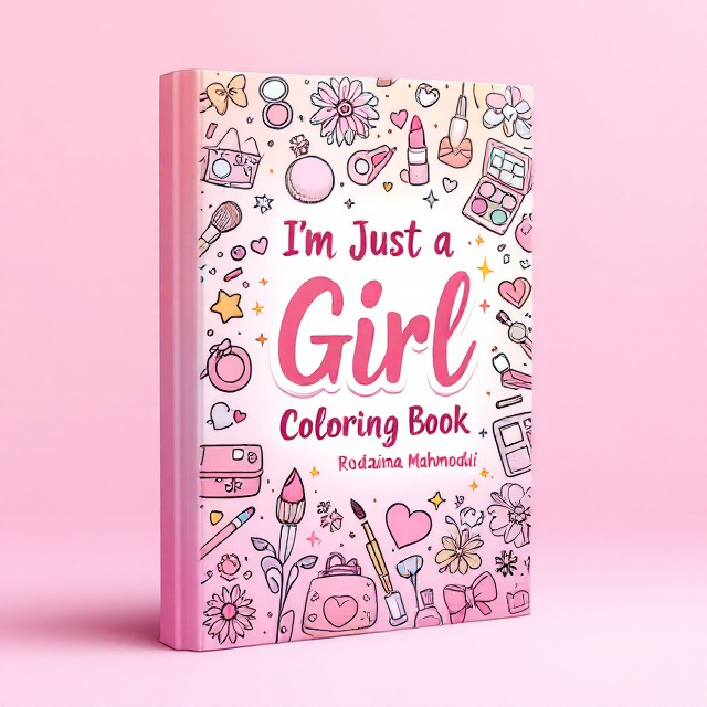 The cover features a playful and charming illustration of girly sketches placed across the page, such as makeup items (lipstick, nail polish, compact mirrors), accessories (bows, hearts, handbags), and whimsical flowers. These elements are arranged in a soft, doodle-like style against a gradient pink background. The title, "I'm Just a Girl Coloring Book," is centered and bold, surrounded by the sketches to create a fun, interactive vibe. Delicate sparkles and stars scatter around the edges, enhancing the magical, feminine theme.