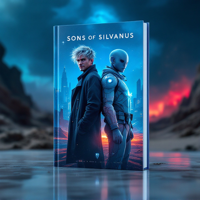 Two twin brothers stand back-to-back in the center of a futuristic landscape bathed in cold, otherworldly light. The brother to the left—the cocky twin with messy silver hair—grins mischievously while wearing a dark trench coat that billows slightly in the wind. The brother to the right—the calm and composed twin—wears a sleek, glowing white alien battle suit, his expression colder, with a sharp, judgmental smirk. Above them, faintly visible in the glowing mist of the cloudy sky, is the barely discernible outline of an older man, gazing somberly downward. The background shifts between a glowing blue sci-fi cityscape and hints of a red, ominous desert ruin, symbolizing contrast and conflict. The title "Sons of Silvanus" is displayed boldly in sharp-edged red and blue metallic-like typography across the lower third of the cover.