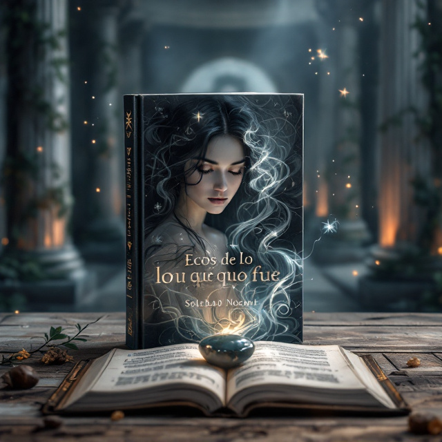 The book cover features Eira as the central figure, set slightly off-center to the left. Her ethereal beauty is highlighted with her flowing, dark hair that blends seamlessly into tendrils of moving ink, curling and forming symbols in the air. The stone of ónix glows faintly in the foreground, sitting on an open, antique journal with pages flipping as if caught in a magical breeze. Kael appears on the right as a ghostly, semi-transparent figure, his form subtly fractured and lit from within with veins of silvery light or flowing ink. The background is a misty, crumbled temple—The Salón del Linde—its grand pillars wrapped in vines and bathed in dim, cascading golden light from above. Fragmented memories, delicate and dreamlike, softly float around the figures, with faint, shadowy impressions of faces and leaves adding depth to the scene.