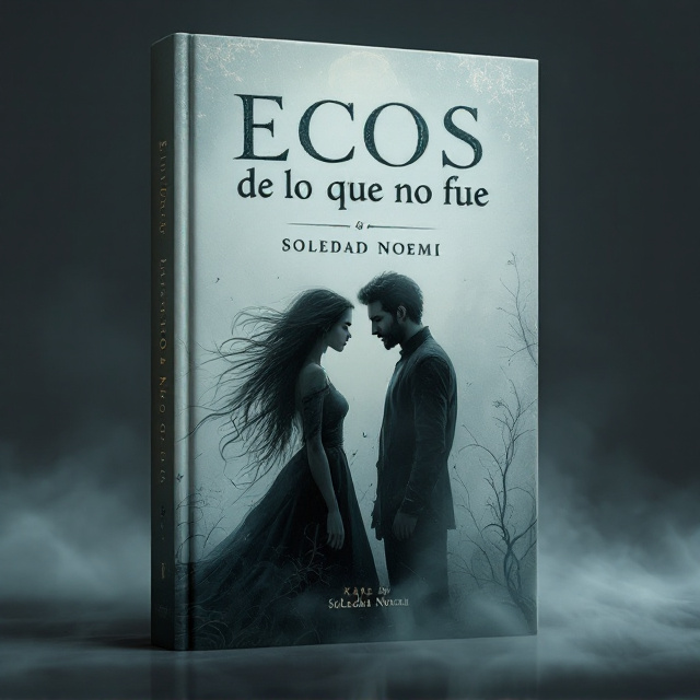 Eira and Kael are framed in the foreground, standing opposite each other, bathed in soft, pale light falling diagonally from the top right corner. Eira's hair flows unnaturally, almost merging with the silky mist around the ruins. Kael appears partially transparent, his form disintegrating into shadows and ink-like swirls. Behind them, an ancient, crumbling temple (The Salón del Linde) stands cloaked in swirling mist. A floating, opened notebook with shifting dark ink is prominently placed near Eira, while a faintly glowing onyx stone lies between them on the cracked ground. Fragments of ghostly faces, leaves, and blurred memories drift throughout the scene like wisps.