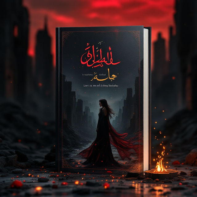 A dark, ruined cityscape is depicted in the background, partially illuminated by a dramatic red sky, creating a sense of eerie beauty. The foreground shows a sorrowful young woman standing slightly to one side, dressed in a flowing black and red outfit, her hair gently moving with an imaginary breeze. Her expression conveys a mix of love and sadness. Delicate glowing particles, almost like embers, swirl around her figure, symbolizing hope amid despair.