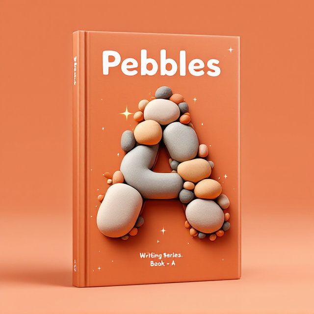 A cluster of smooth, rounded pebbles aligned to form the letter "A" in the center of the cover. The pebbles are in varying earthy tones, ranging from muted oranges to soft grays, placed against a bright orange background with subtle gradients. A chalk texture effect is applied around the edges of the pebbles, giving a hand-drawn, youthful feel. Light sparkles and a soft shadow effect add depth.