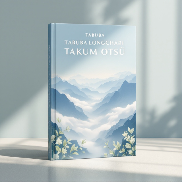 A vast, misty mountain range cascading into the distance, enveloped in soft clouds. The foreground features delicate, pale green foliage emerging from the corners, gently framing the lower edge of the cover. The light blue backdrop merges seamlessly with the misty atmosphere, creating a serene and peaceful aura.