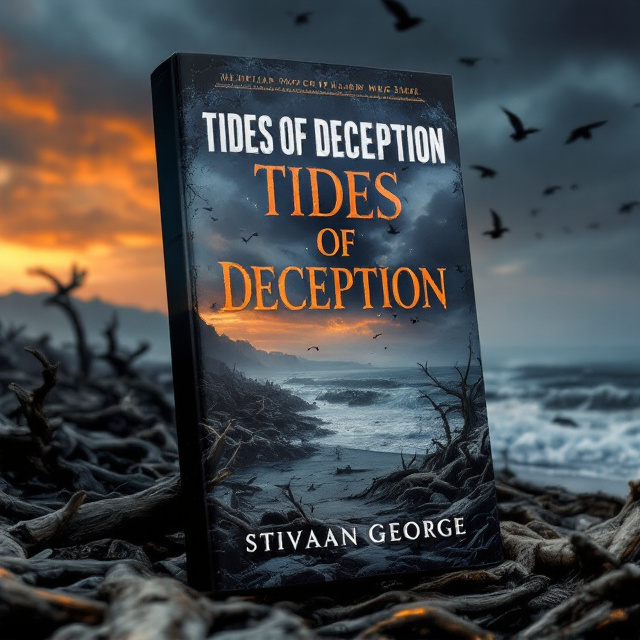 A haunting beach setting at dusk, where decayed driftwood forms a tangled maze along the shore. The waves are dark and foamy, with faint, eerie silhouettes—suggesting figures—visible in the distance. The shadows of a cloudy sky in sand orange blend into a fading sky blue horizon. Overhead, there is a flock of birds flying away, their outlines sharp against the ominous sky.