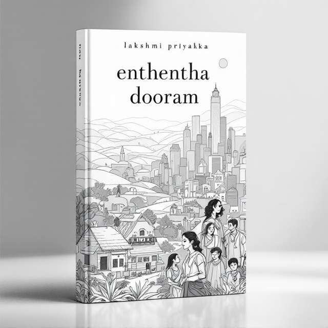 A monochrome scene of a quaint village transitioning into hazy outlines of urban city buildings. The backdrop shows rolling hills on the village side, fading into crowded high-rises on the city side. Line art in the foreground features multiple distinct characters (each depicting varied emotions like love, heartbreak, and determination) layered slightly over each other, representing the range of interconnected lives and emotions in the book. The mood is emotional and nostalgic.