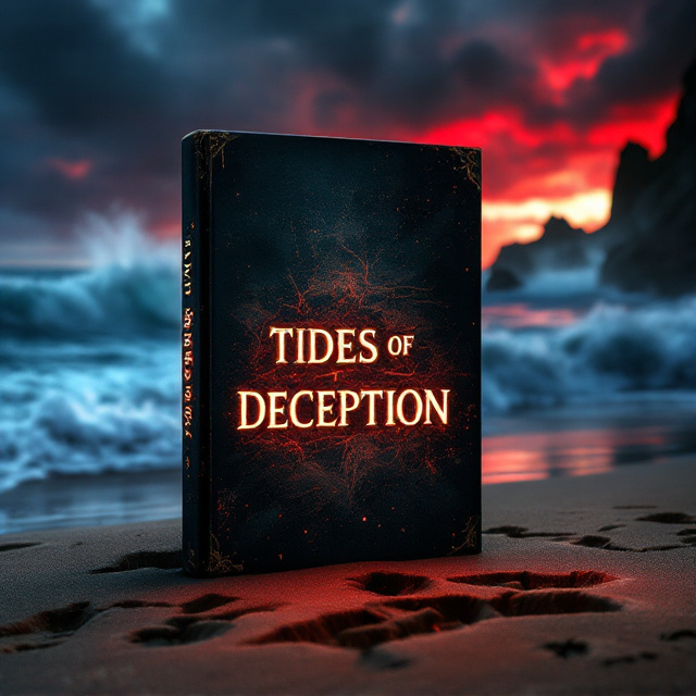 A dark, stormy beach scene at dusk with an ominous blood-red sky. The ocean waves crash violently, and faint shadows of surfers can be seen in the water, distorted and eerie. On the shore, sinister claw marks are embedded in the sand, as if something unseen had crawled out of the ocean. In the background, large, jagged rocks loom mysteriously, partially hidden by mist.