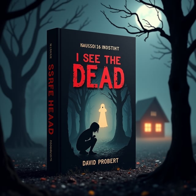 A dark, foreboding forest forms the background with twisted, shadowy trees, faint fog, and dim moonlight filtering through. At the center, a semi-transparent ghostly girl with hollow eyes is slightly illuminated, her torn dress swaying as if in the wind. Below her, in the foreground, a distressed woman is crouched, looking in terror at the ghost. In the far background, a small wooden isolated cabin with warm but eerie light coming from its windows is barely visible, hinting at mystery and danger. The overall color palette consists of muted greys, blacks, midnight blues, and pale whites, contrasted with haunting hints of gold light emanating from the cabin.