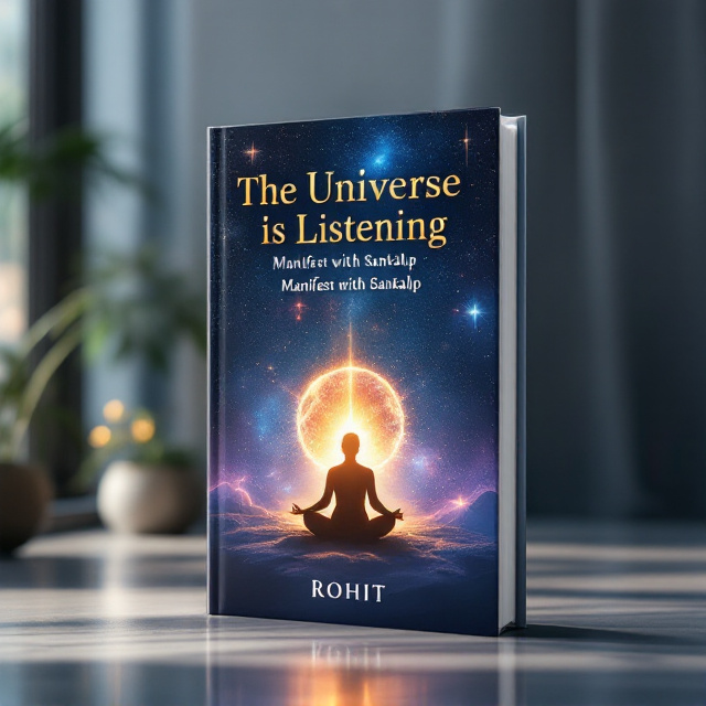 A serene cosmic scene that spans the book cover — a vast expanse of deep space in shades of blue and purple with shining stars, a glowing nebula, and an ethereal silhouette of a meditating person, blending into the universe. A subtle beam of golden light emanates from the person, connecting them to the cosmos.