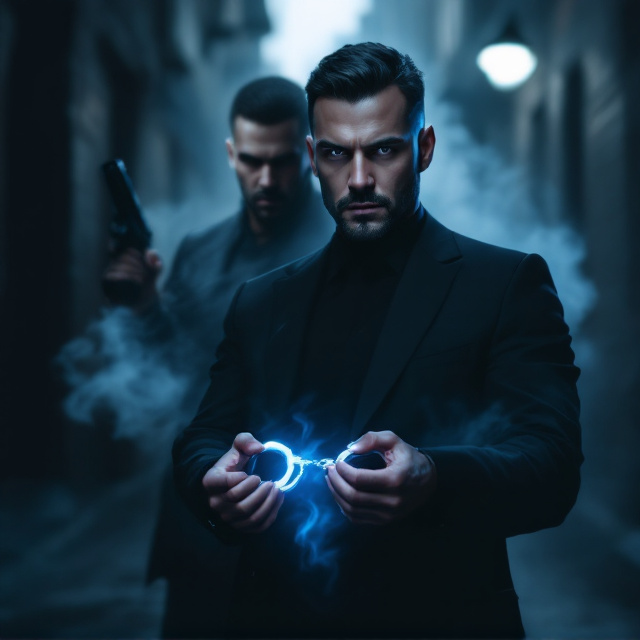 A dark, smoky urban alley setting with a blurred silhouette of a tattooed mafia boss in the background, holding a faint shadow of a 9mm handgun by his side. In the foreground, a confident and determined police officer with a sharp jawline is holding a pair of glimmering handcuffs, partially catching light. The overall aesthetic gives off a dramatic and suspenseful vibe. The police officer slightly overlaps the mafia figure, heightening the tension between the two characters. Smoke wisps swirl around them, blending into the noir-style background.