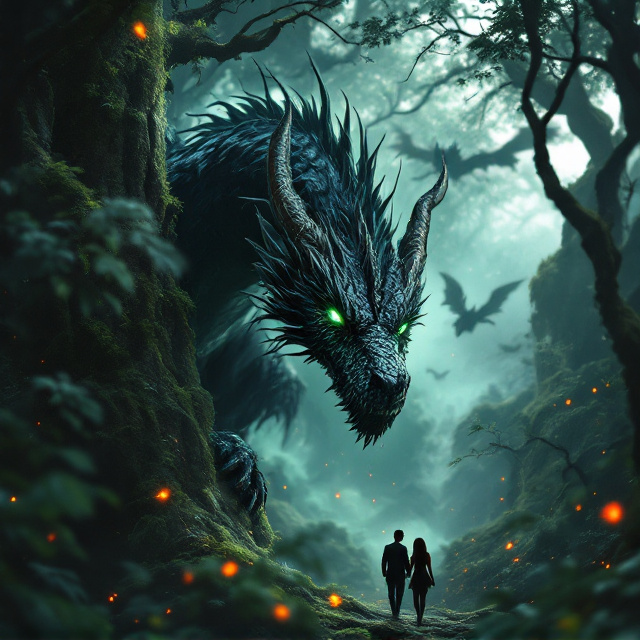 A majestic black dragon with glinting, emerald-green eyes perched on a moss-covered tree branch in the middle of a shadowy forest. Light filters down through the dense canopy above, casting an ethereal glow around the dragon. In the background, faint outlines of more dragons can be seen soaring between the trees, blending into the mist. The forest has a moody, dark palette with hues of navy, charcoal, and deep green, while small fiery-orange embers float in the atmosphere to hint at danger and passion. In the foreground, a man and a woman can be seen walking toward the dragon, their figures almost silhouetted, adding a touch of romance.