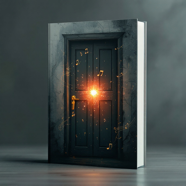 A glowing, ethereal spark or small, radiant orb is placed prominently in the center of the cover, symbolizing life and vibrancy. This spark is enclosed within a dark, weathered wooden door with visible cracks, evoking a sense of confinement and loneliness. Surrounding the door is an abstract, muted background blending dark greys, soft blues, and hints of green to reflect melancholy and isolation. The subtle use of music notes weaves through the background, barely noticeable but creating an air of Norman’s connection to music. A faint silhouette of Norman, wearing headphones and slightly turned away, is visible in the lower corner, adding a human element to the emotional composition.