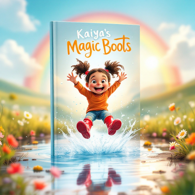 A vibrant, colorful illustration shows a lively, joyful little girl with two ponytails splashing mid-air in a big puddle, her red and shiny wellington boots flying droplets of water around. The background features a dreamy countryside scene with soft grassy fields, scattered flowers, and a bright, glowing rainbow. White fluffy clouds are scattered across a calm light blue sky to enhance the happy and adventurous tone. The puddle reflects the girl's delighted expression and the bright sunlight shining down.