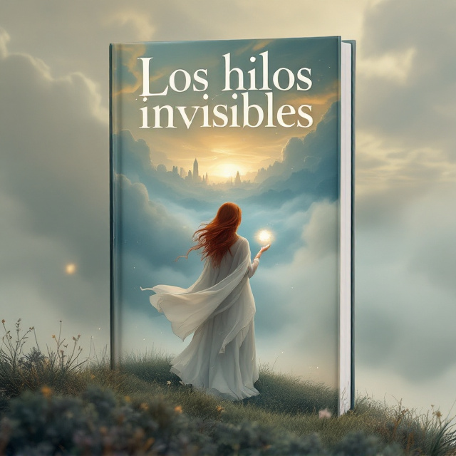 The cover depicts Tesa standing on a misty hill. Her coppery hair flows slightly as if caught by a gentle breeze. She's wearing an elegant but simple dress with unique spiral-pattern stitching and a lightweight cape. Her figure faces the horizon, where a faintly glowing Relia hovers delicately in her upheld hand. In the background, a city built of stone and glass emerges faintly through a translucent layer of mist, blending harmoniously with the surrounding nature. The sky above features subtle shifts between golden and blue hues, symbolizing emotional currents, with clouds swirling to suggest movement and mystery.