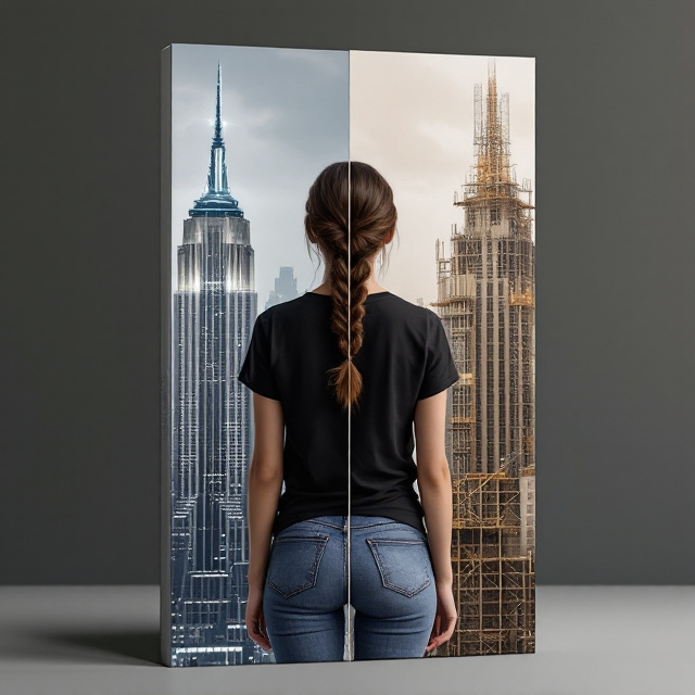 A dramatic split-down-the-middle cover with two halves showcasing contrasting time periods the left side features a futuristic version of the Empire State Building in 2030, metallic and sleek with holographic lights, while the right side depicts the construction phase of the Empire State Building, complete with scaffolding and sepia tones. The same young woman (white, with dark brown wavy hair in a French braid) stands in the middle of each scene, wearing blue skinny jeans and a black tucked-in t-shirt. Her back is directly facing the reader in both scenarios, emphasizing her role as an observer. The time split is divided by a clean vertical line, which slowly fades at both the top and bottom of the cover for a seamless transition. The background colors are warm oranges and purples on the right constructing scene and cool neon blue and silver on the futuristic left.
