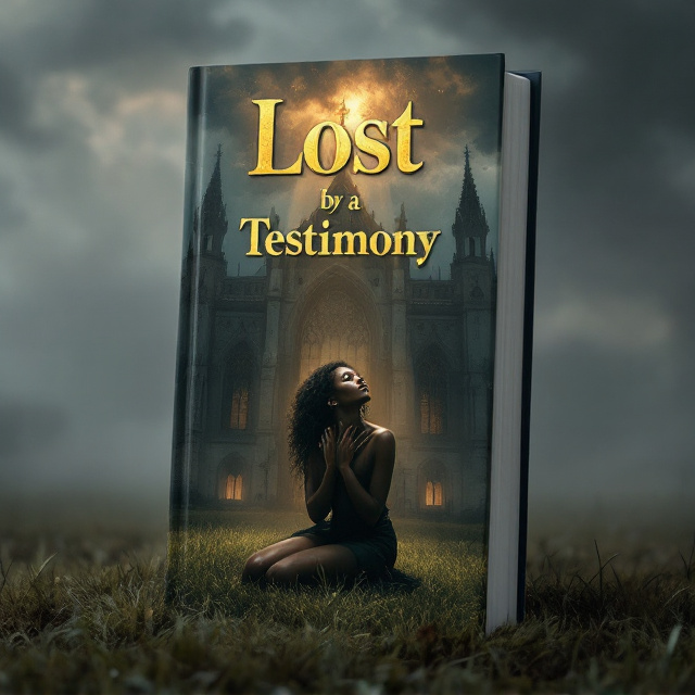 A soulful, dramatic illustration of a beautiful black woman kneeling on a lush grassy ground, her hands clasped tightly to her chest as tears stream down her face. Her emotional anguish is palpable. Behind her stands a grand, Gothic-style church cathedral with arched windows and detailed architecture, partially shrouded in the gloom of dark stormy clouds. The clouds are heavy and looming as if on the brink of a downpour, with a singular dramatic ray of light breaching the chaos and illuminating the crying woman. The color palette is dominated by dark browns and muted grays, with traces of subtle gold for the ray of light, adding a glow of fleeting hope to the grim setting.