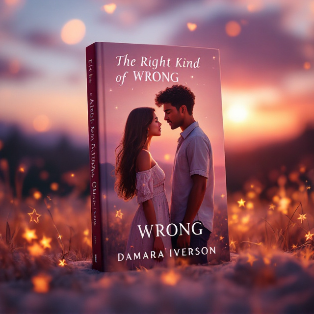 A dreamy twilight background with a soft gradient of pink, orange, and purple hues. The 16-year-old girl with long, flowing brown hair stands on the left side of the cover, wearing a simple, vintage-style sundress. Her expression is soft and hopeful. On the right side, the 18-year-old boy with lighter dark skin, curly hair, and piercing blue eyes gazes at her with a deep sense of longing. He wears a casual, modern outfit—dark jeans and a light-colored shirt. The characters are surrounded by faint, whimsical sparkles that subtly resemble stars, adding a hint of magic and tenderness. The entire composition feels romantic and bittersweet.