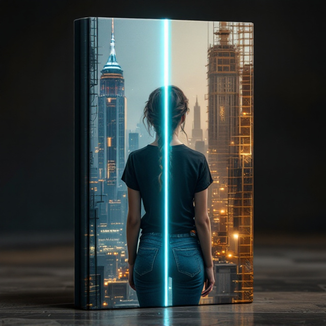 A visually striking cover split into two halves vertically. On the left side, the scene portrays a white girl with dark brown wavy hair in a French braid, wearing blue skinny jeans and a black tucked-in t-shirt, standing with her back to the camera in front of a futuristic Empire State Building in 2030. This side features a sleek, ultra-modern cityscape in muted silver, blue, and gray tones with glowing neon lights. On the right side, the same girl is depicted in front of the Empire State Building during its construction era, with scaffolding all around and an old-world charm, depicted in warm sepia tones with hints of muted gold. A thin glowing line divides the two halves in the middle to emphasize the time-travel concept.