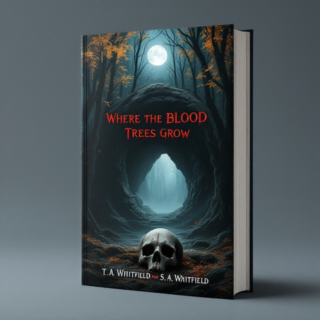 A dark, dense forest dominates the cover with trees featuring dripping blood that stands out vividly against their golden leaves. Near the forest’s center, a shadowy, partially veiled cave emits an ominous fog, creeping into the foreground. On the forest floor in the foreground, a cracked skull sits near scattered moss, illuminated faintly by subtle moonlight filtering through the thick tree canopy. The moon glows faintly in the top center of the sky, its light adding a spectral bluish tone to the scene, enhancing the eerie vibe.