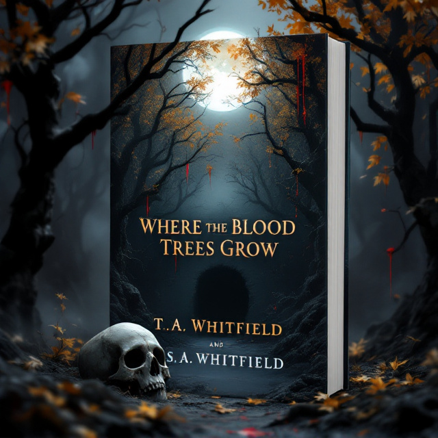 A dark and dense forest dominates the cover. Blood drips from the twisted, gnarly branches of trees with golden leaves that shimmer faintly, reflecting an eerie light. In the foreground, a human skull rests on the ground amidst fog creeping through the scene. In the background, a shadowy cave looms, partly concealed by the dense foliage and mist. A large, ominous full moon casts an eerie glow over the scene, partially visible through the wispy fog. The overall palette includes deep blacks, muted greys, crimson reds, shimmering golds, and soft lunar whites.