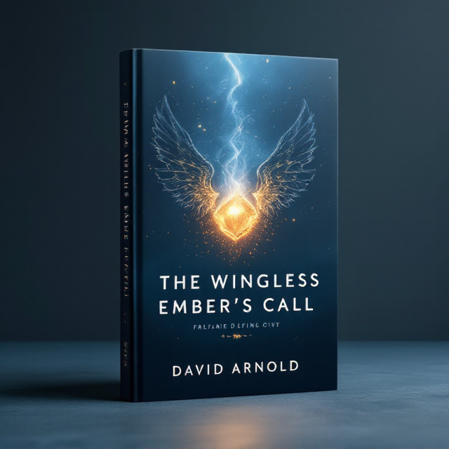 The cover design features a powerful image of a glowing, ember-like fragment suspended mid-air against a vast, dusky sky blending deep royal blue and charcoal tones. Underneath the glowing ember, faint wing-like silhouettes emerge, etched in an iridescent shimmer of silver and gold, evoking a sense of mystery. Soft, swirling mist flows around the ember, creating movement and intrigue. The background fades towards darker hues at the edges, amplifying focus on the glowing ember.